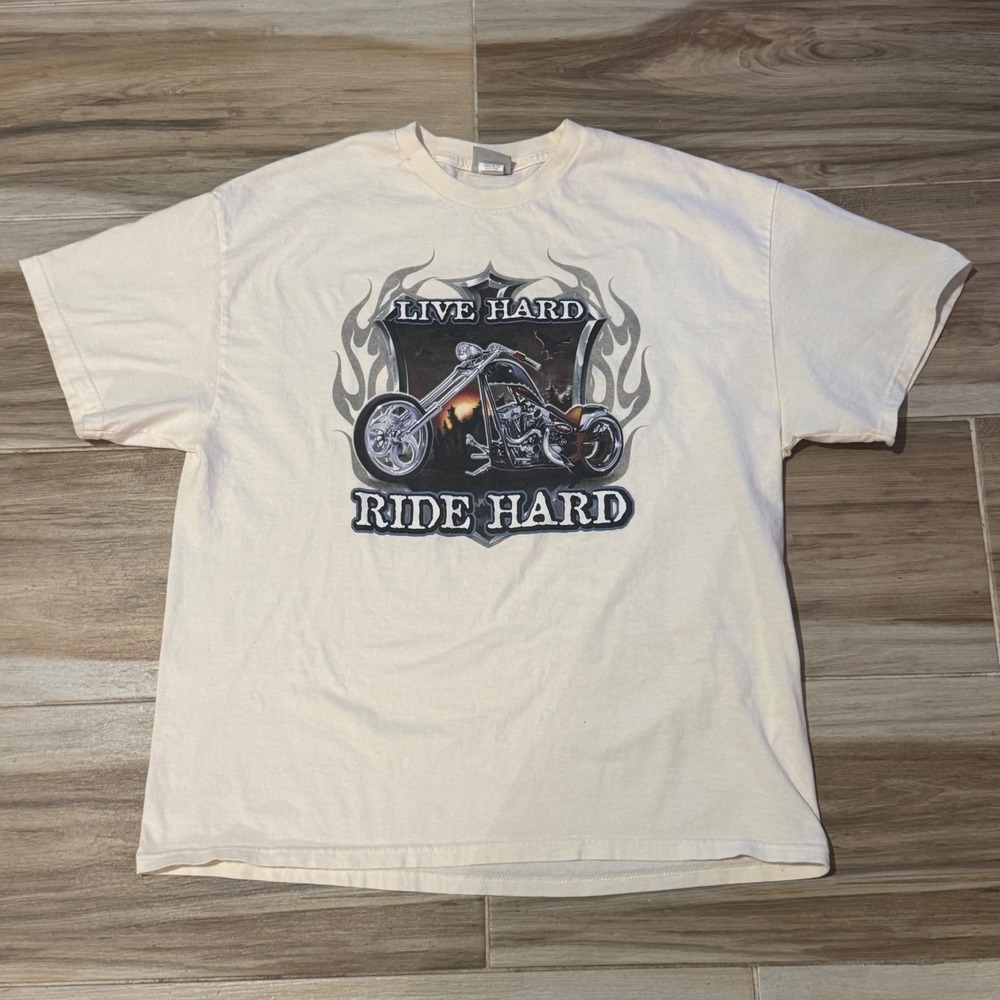 National Heritage Live Hard Ride Hard Biker Graphic T-Shirt Cream XL